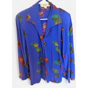 VTG Irka Blue Fish Print Oversized Silk Blouse Removable Shoulder Pads M